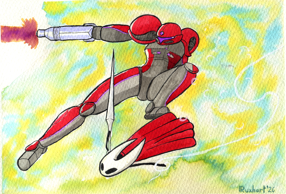 Dessin aux encres de couleurs de Samus Aran (Metroid Prime 4) et de Hornet (Silksong). Samus tire avec son canon tout en sautant vers la droite, Hornet plonge vers le bas gauche accrochée à un fil de Soie. Le fond est un chaos d'encre bleu-jaune.